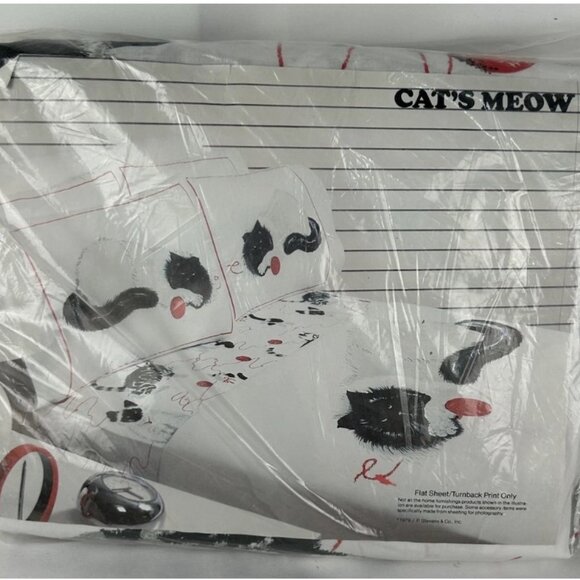 SEALED Vintage 70s Cats Meow Full Sheet Set Tastemaker Pillowcases Black White - Picture 1 of 4